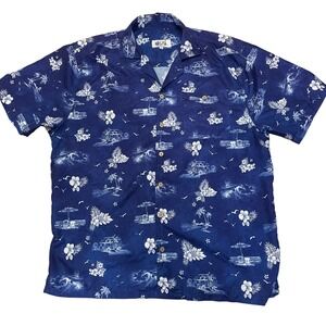 Uzzi Amphibious Gear Hawaiian‎ Shirt Hawaii 5-0 Beach Surf Wood Button Up Blue L